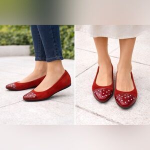 MAGLI by Bruno Magli Elegant Red Suede Patent Leather with Studded Cap Toe Flats